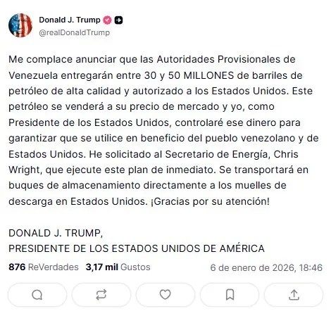 Venezuela entregará entre 30 y 50 millones de barriles de petróleo a EE.UU., según Trump